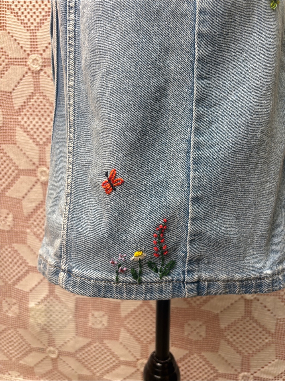 Embroidered Denim Halter Mini Dress Backless Button Front - Picture 3 of 8